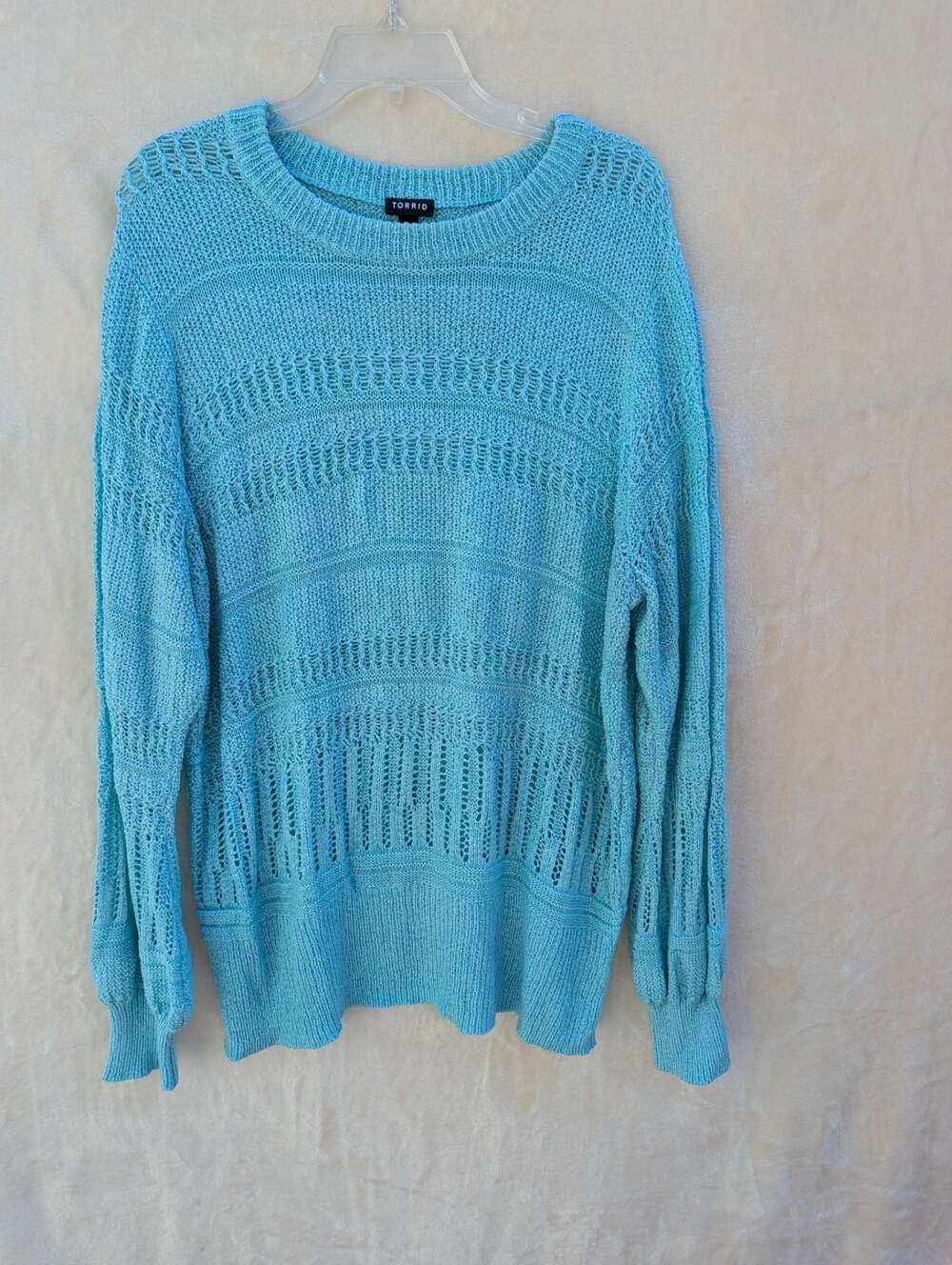 Torrid Aqua Blue Open-Stitch Long Sleeve Knit Pullover Sweater Size 2